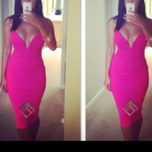 Hot pink deep v strapless midi dress size small